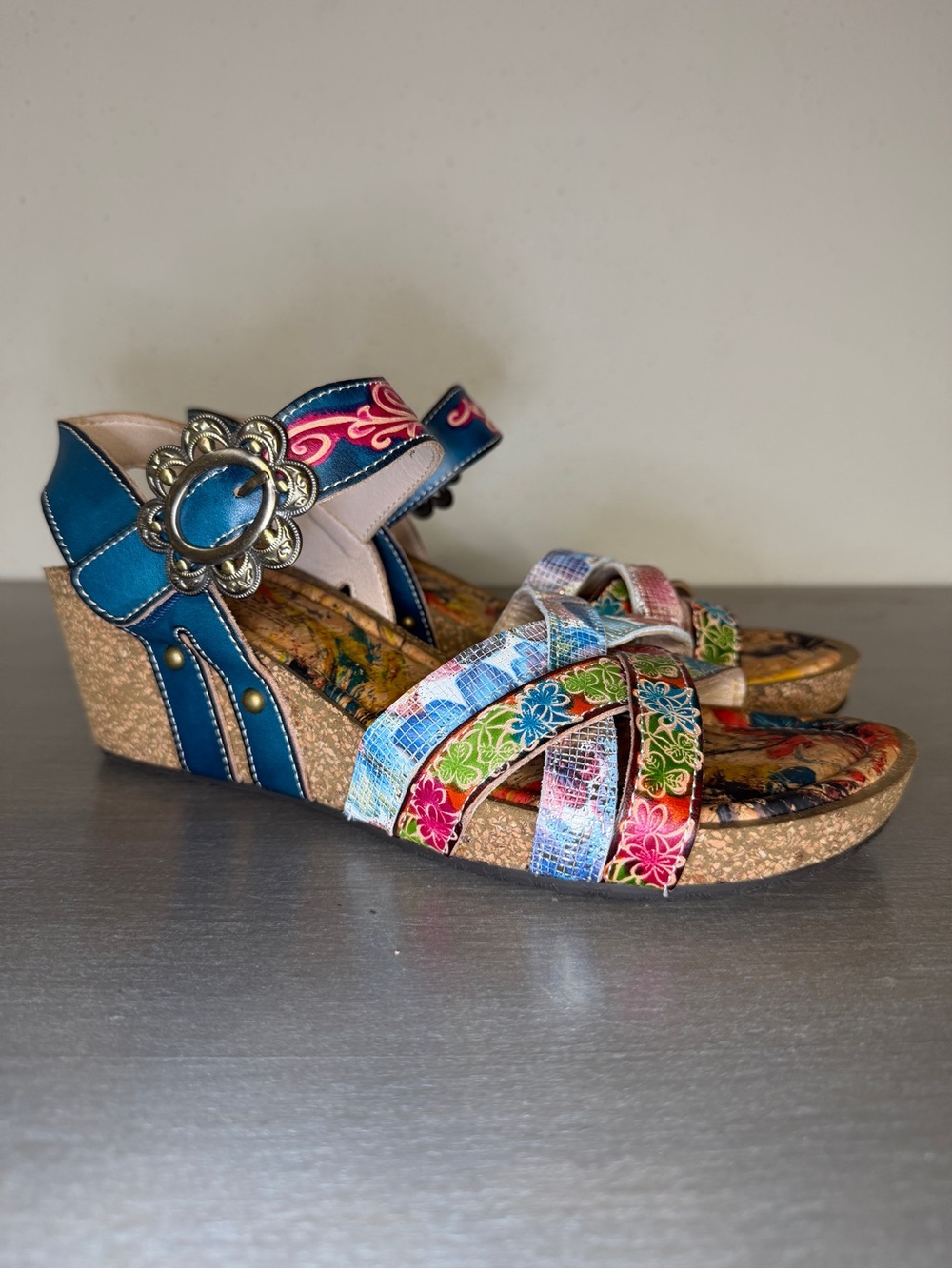 L'Artiste Audrie Spring Step Floral Strappy Leather Cork Wedge Sandals US 7 - Picture 1 of 11